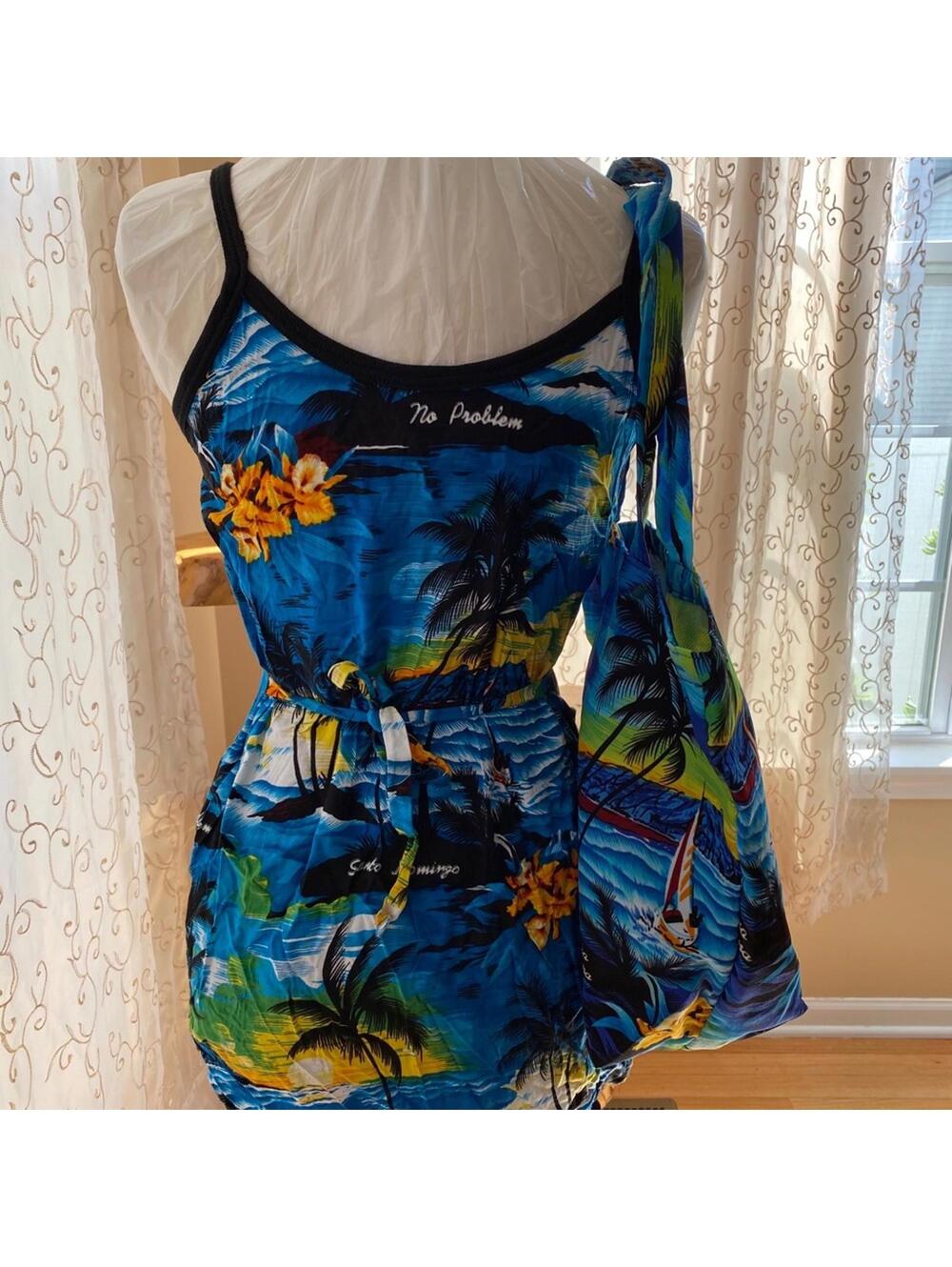 Santo Domingo Blue Tropical Print Mini Dress with Matching Tote Bag Medium